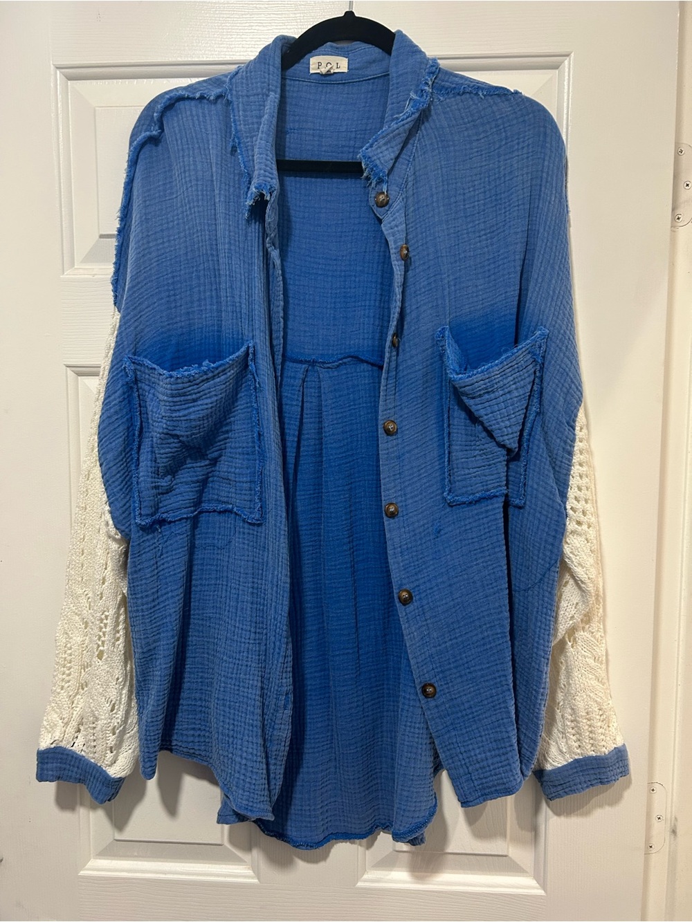 POL Blue Gauze Button-Up Shirt with Cream Label Accent